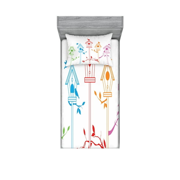 Ambesonne Colorful Fitted Sheet & Pillow Sham Set, Flying Bird Nest Roof, Twin, Multicolor