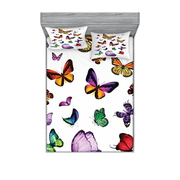 Ambesonne Colorful Fitted Sheet & Pillow Sham Set, Flying Butterflies, Full, Multicolor