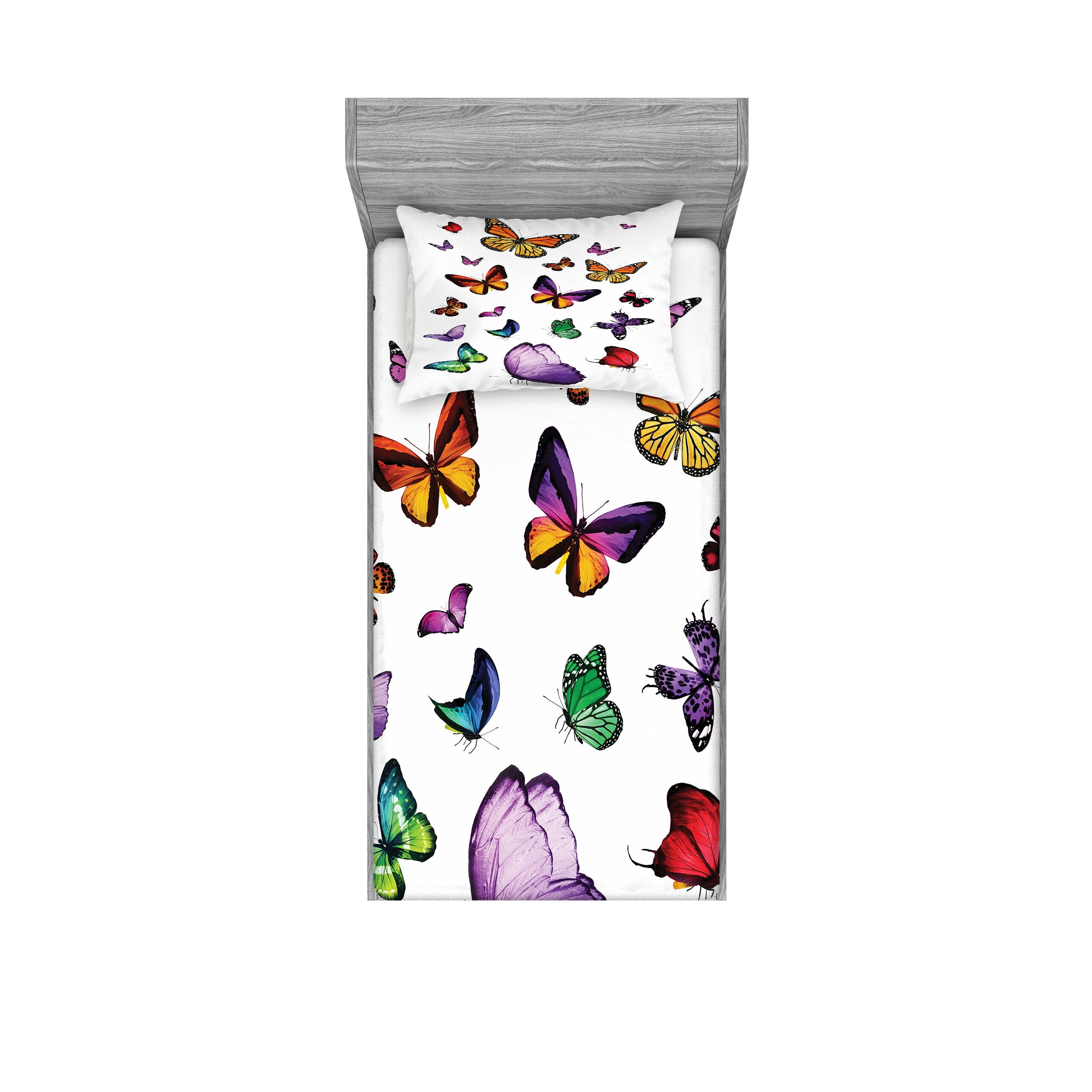 Twin White Microfiber Butterfly Print Bed Sheet Set