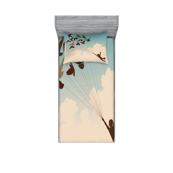 Ambesonne Colorful Fitted Sheet & Pillow Sham Set, Flying Pigeons Birds, Twinxl, Multicolor