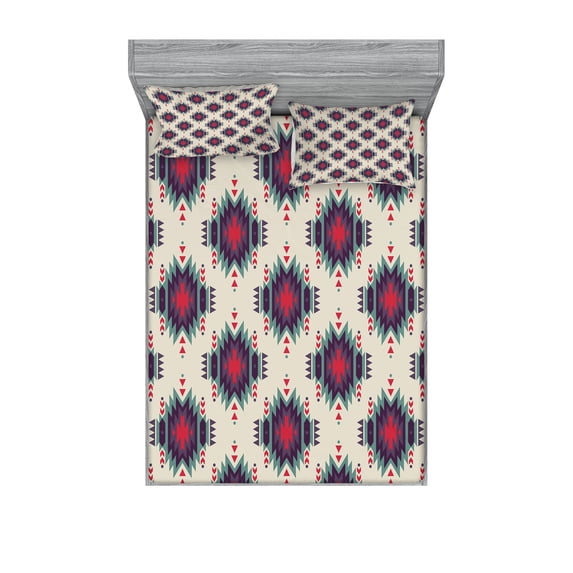 Ambesonne Colorful Fitted Sheet & Pillow Sham Set, Folk Mystic, Queen, Multicolor