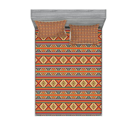 Ambesonne Colorful Fitted Sheet & Pillow Sham Set, Folkloric Hispanic Motifs, Full, Multicolor