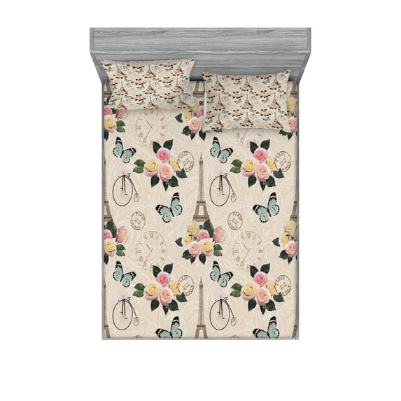 Ambesonne Colorful Fitted Sheet & Pillow Sham Set, French Eiffel Tower Image, Queen, Multicolor