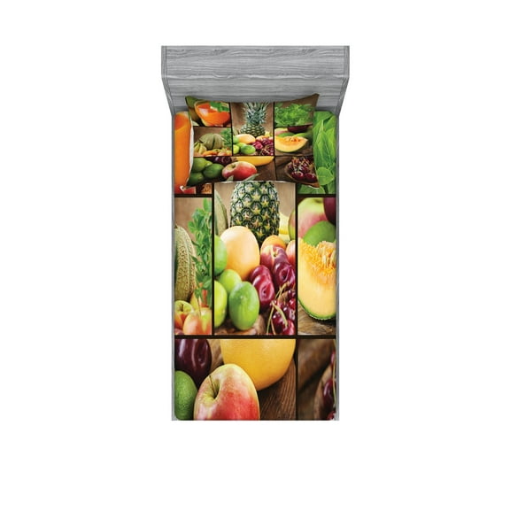 Ambesonne Colorful Fitted Sheet & Pillow Sham Set, Fruit Pineapple Cherry, Twin, Multicolor