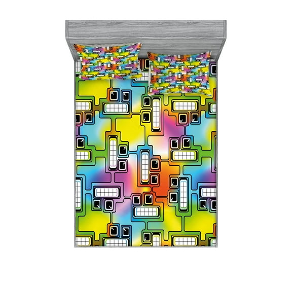 Ambesonne Colorful Fitted Sheet & Pillow Sham Set, Fun Characters Pattern, Queen, Multicolor