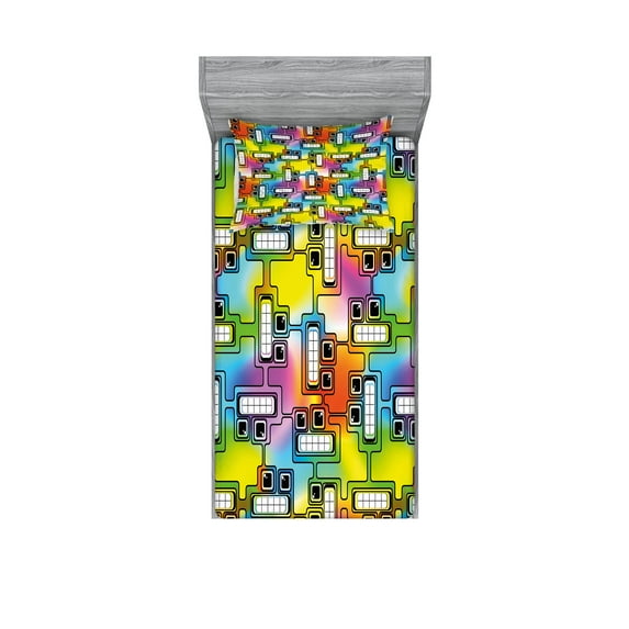 Ambesonne Colorful Fitted Sheet & Pillow Sham Set, Fun Characters Pattern, Twinxl, Multicolor