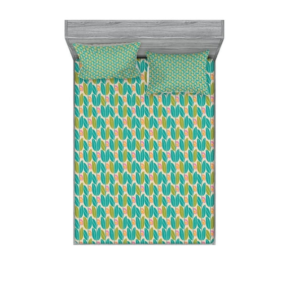 Ambesonne Colorful Fitted Sheet & Pillow Sham Set, Geometric Botany Pattern, Queen, Multicolor