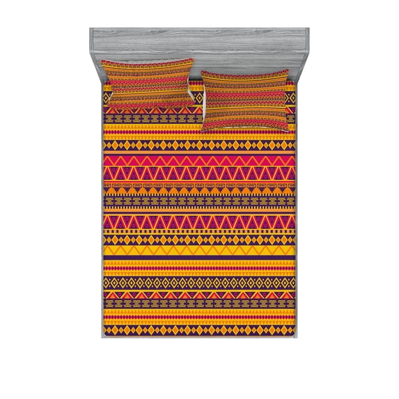 Ambesonne Colorful Fitted Sheet & Pillow Sham Set, Geometric Folk Borders, Queen, Multicolor