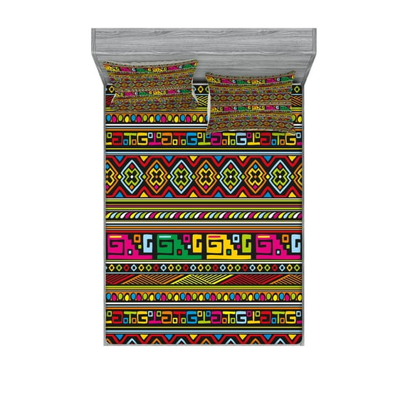 Ambesonne Colorful Fitted Sheet & Pillow Sham Set, Geometric Modern Tones, Queen, Multicolor