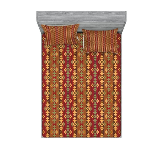 Ambesonne Colorful Fitted Sheet & Pillow Sham Set, Geometric Stripes, Queen, Multicolor
