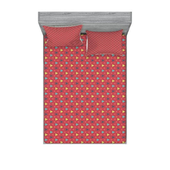 Ambesonne Colorful Fitted Sheet & Pillow Sham Set, Geometric Triangle Pattern, Full, Multicolor