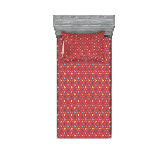 Ambesonne Colorful Fitted Sheet & Pillow Sham Set, Geometric Triangle Pattern, Twinxl, Multicolor
