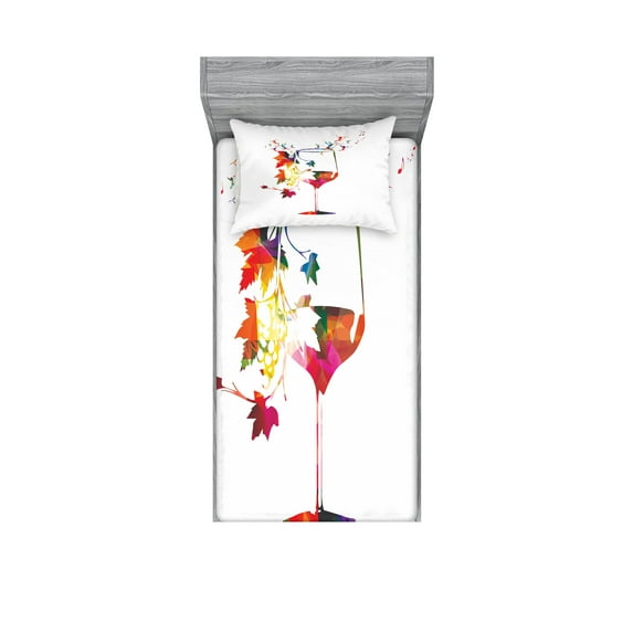 Ambesonne Colorful Fitted Sheet & Pillow Sham Set, Glass Bird Vines, Twinxl, Multicolor