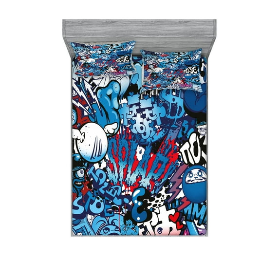 Ambesonne Colorful Fitted Sheet & Pillow Sham Set, Graffiti Street Art, Calking, Multicolor