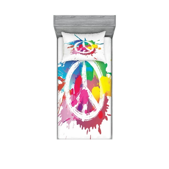 Ambesonne Colorful Fitted Sheet & Pillow Sham Set, Grunge Pacifism Theme, Twin, Multicolor