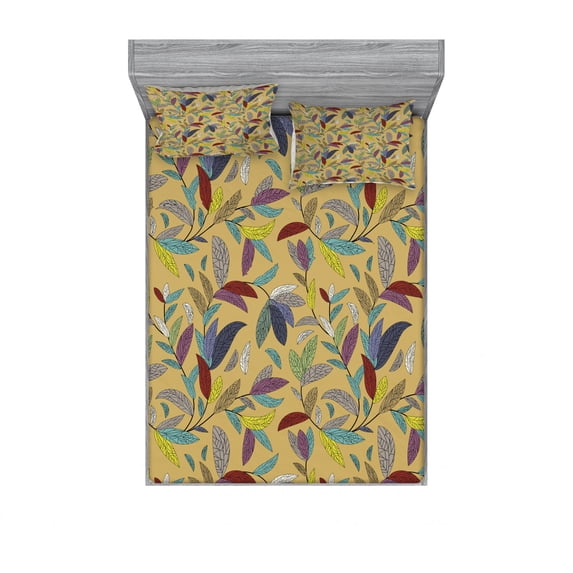Ambesonne Colorful Fitted Sheet & Pillow Sham Set, Hand Drawn Leaf Swirls, Queen, Multicolor