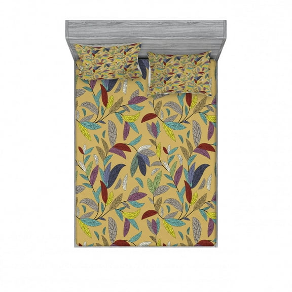 Ambesonne Colorful Fitted Sheet & Pillow Sham Set, Hand Drawn Leaf Swirls, Queen, Multicolor