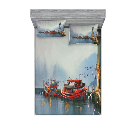 Ambesonne Colorful Fitted Sheet & Pillow Sham Set, Harbor Boats and Birds, Full, Multicolor