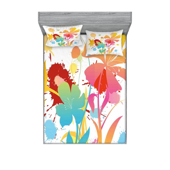 Ambesonne Colorful Fitted Sheet & Pillow Sham Set, Hawaiian Beach Party, Queen, Multicolor