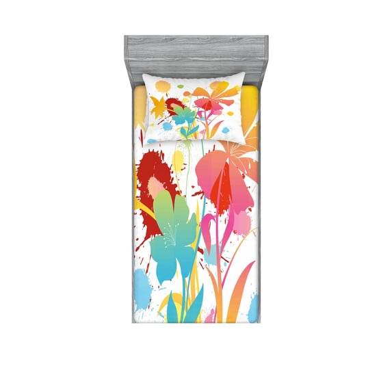 Ambesonne Colorful Fitted Sheet & Pillow Sham Set, Hawaiian Beach Party, Twinxl, Multicolor