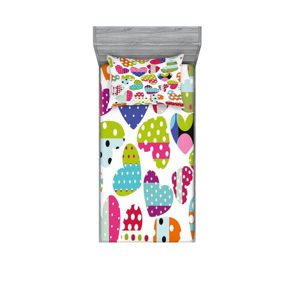 Ambesonne Colorful Fitted Sheet & Pillow Sham Set, Heart Patches and Dots, Twinxl, Multicolor