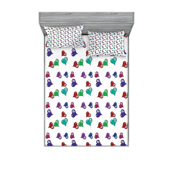 Ambesonne Colorful Fitted Sheet & Pillow Sham Set, Hearts and Skulls, Full, Multicolor