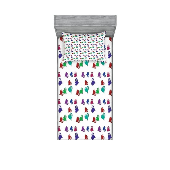 Ambesonne Colorful Fitted Sheet & Pillow Sham Set, Hearts and Skulls, Twinxl, Multicolor
