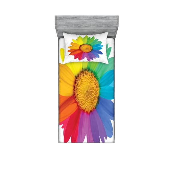 Ambesonne Colorful Fitted Sheet & Pillow Sham Set, Hippie Daisy Spring, Twin, Multicolor
