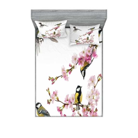 Ambesonne Colorful Fitted Sheet & Pillow Sham Set, Hummingbirds on Branches, Queen, Multicolor