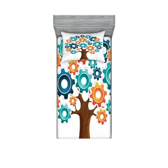 Ambesonne Colorful Fitted Sheet & Pillow Sham Set, Innovation Gears Tree, Twin, Multicolor