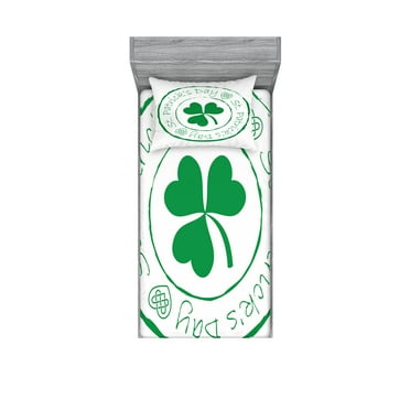 Ambesonne Colorful Fitted Sheet & Pillow Sham Set, Irish Shamrock, Twinxl, White and Green