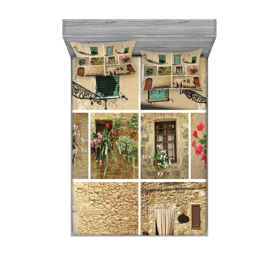 Ambesonne Colorful Fitted Sheet & Pillow Sham Set, Italian Stone Houses, Queen, Multicolor