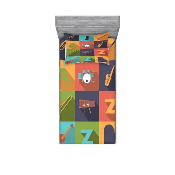 Ambesonne Colorful Fitted Sheet & Pillow Sham Set, Jazz Equipment Music, Twinxl, Multicolor
