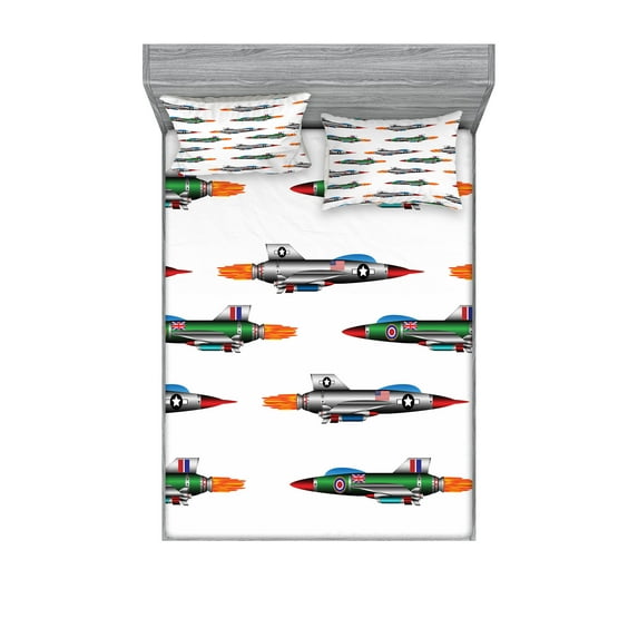 Ambesonne Colorful Fitted Sheet & Pillow Sham Set, Jets Aviation Design, Queen, Multicolor