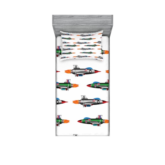 Ambesonne Colorful Fitted Sheet & Pillow Sham Set, Jets Aviation Design, Twin, Multicolor