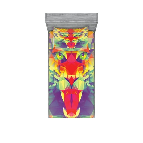 Ambesonne Colorful Fitted Sheet & Pillow Sham Set, King of Jungle Lion, Twinxl, Multicolor