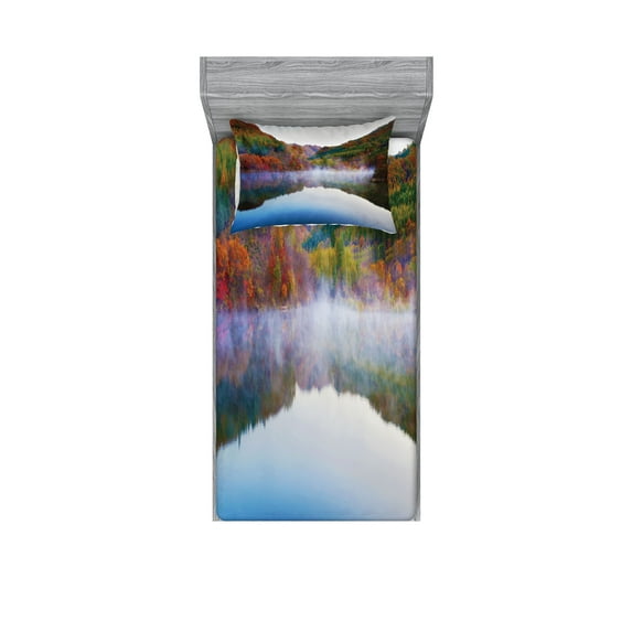 Ambesonne Colorful Fitted Sheet & Pillow Sham Set, Lake Mountain Scenery, Twinxl, Multicolor