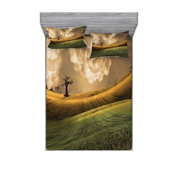 Ambesonne Colorful Fitted Sheet & Pillow Sham Set, Landscape Sky Tree, Queen, Multicolor