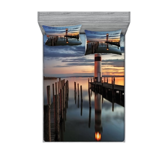 Ambesonne Colorful Fitted Sheet & Pillow Sham Set, Lighthouse Calm Dusk, Full, Multicolor