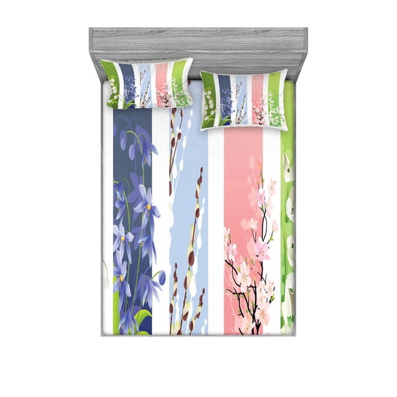 Ambesonne Colorful Fitted Sheet & Pillow Sham Set, Lily Primrose Valley, Queen, Multicolor