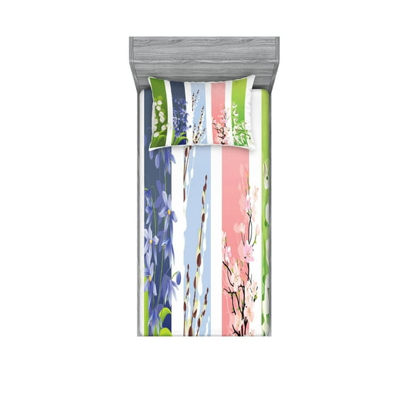 Ambesonne Colorful Fitted Sheet & Pillow Sham Set, Lily Primrose Valley, Twin, Multicolor