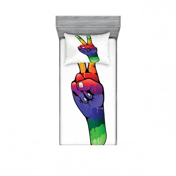 Ambesonne Colorful Fitted Sheet & Pillow Sham Set, Love in Rainbow Colors, Twin, Multicolor