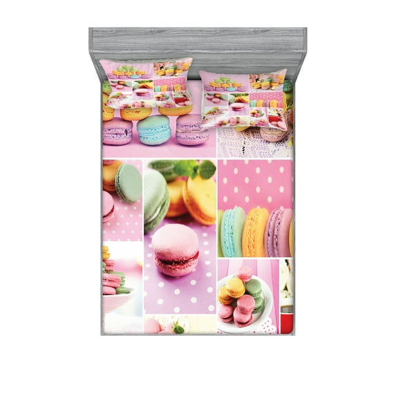 Ambesonne Colorful Fitted Sheet & Pillow Sham Set, Macaroons Napkins Dots, Full, Multicolor