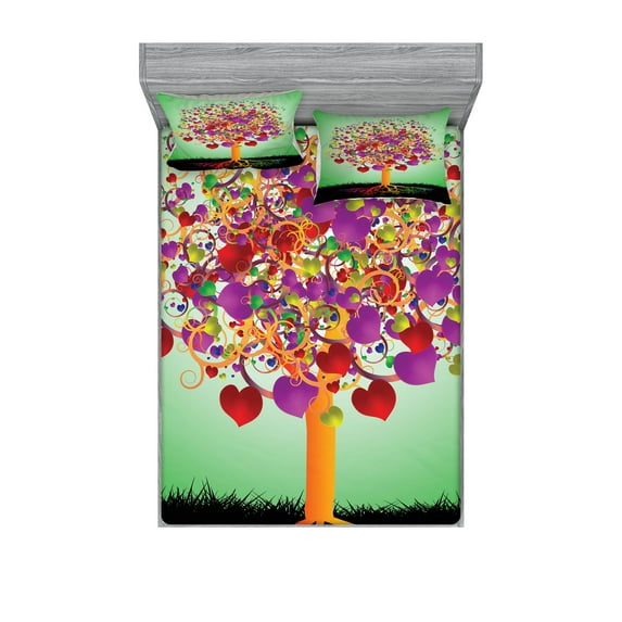 Ambesonne Colorful Fitted Sheet & Pillow Sham Set, Magic Love Tree Heart, Full, Multicolor