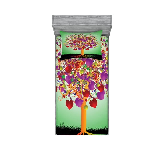 Ambesonne Colorful Fitted Sheet & Pillow Sham Set, Magic Love Tree Heart, Twinxl, Multicolor