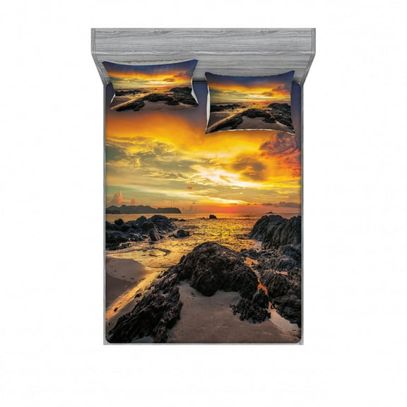 Ambesonne Colorful Fitted Sheet & Pillow Sham Set, Majestic Sunrise Sky, Queen, Blue Orange Cream