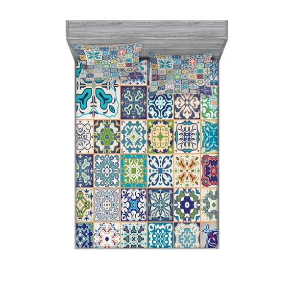 Ambesonne Colorful Fitted Sheet & Pillow Sham Set, Mediterranean Flora Tiles, Calking, Multicolor