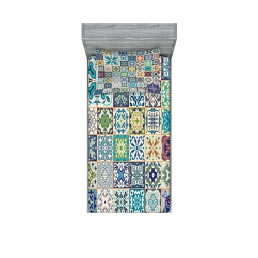 Ambesonne Colorful Fitted Sheet & Pillow Sham Set, Mediterranean Flora Tiles, Twin, Multicolor
