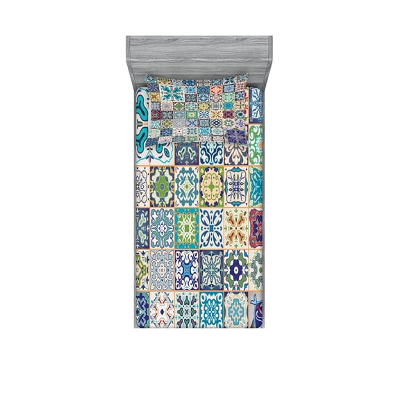 Ambesonne Colorful Fitted Sheet & Pillow Sham Set, Mediterranean Flora Tiles, Twin, Multicolor
