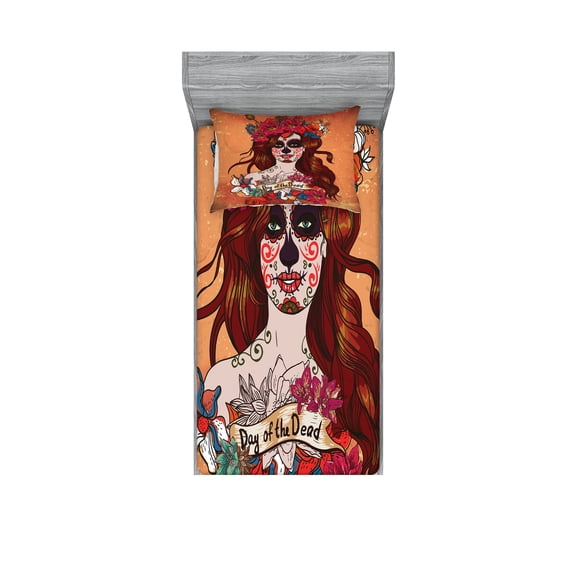 Ambesonne Colorful Fitted Sheet & Pillow Sham Set, Mexican Skull, Twin, Cinnamon Magenta Maroon